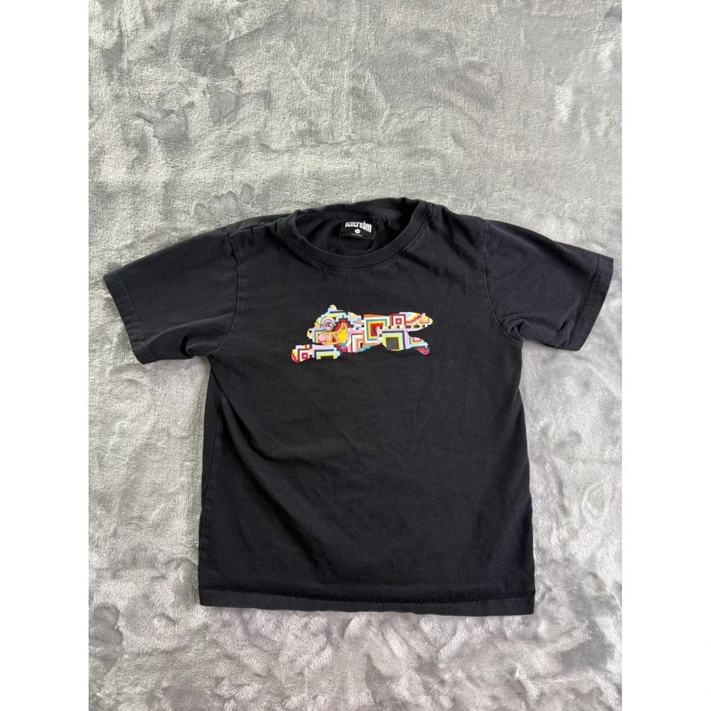 Icecream Running Dog Boys Graphic T-Shirt Black Pixelated Geometric Size 7/8